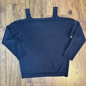 Massimo Dutti Blue Black Italian Yarn Cold Shoulder Sweater Spain Women's Large
